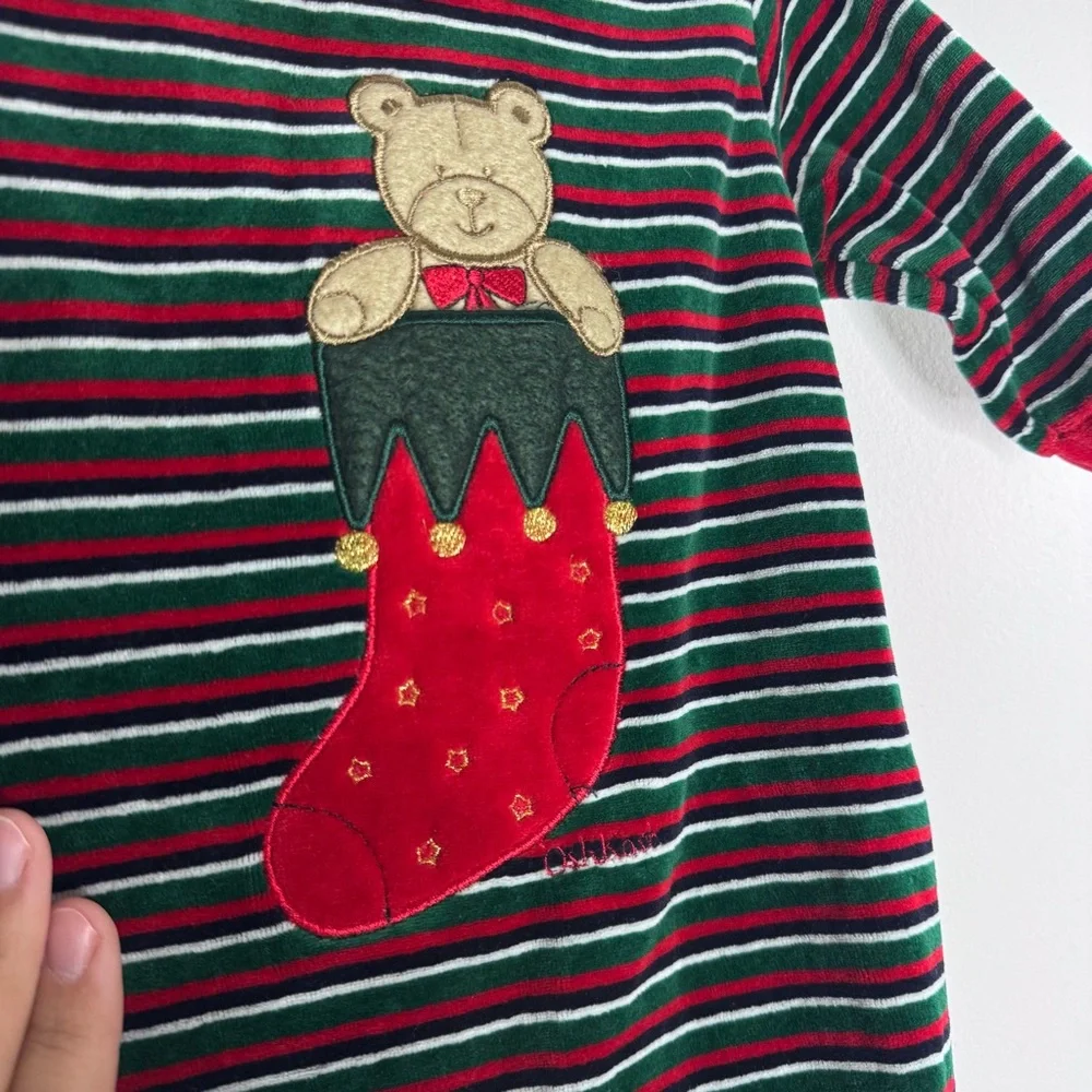 OshKosh Baby Christmas Teddy Bear Stocking Velour Footed Sleeper 0-3M Vintage